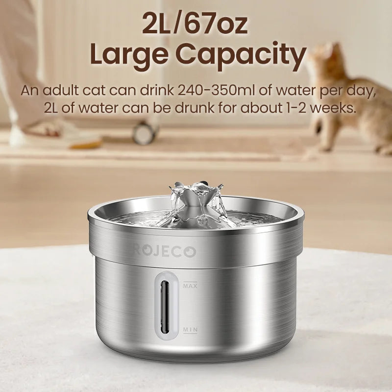 ROJECO Stainless Steel Cat Water Fountain — Quiet & Filtered