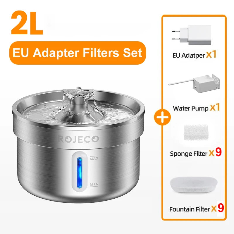 ROJECO Stainless Steel Cat Water Fountain — Quiet & Filtered