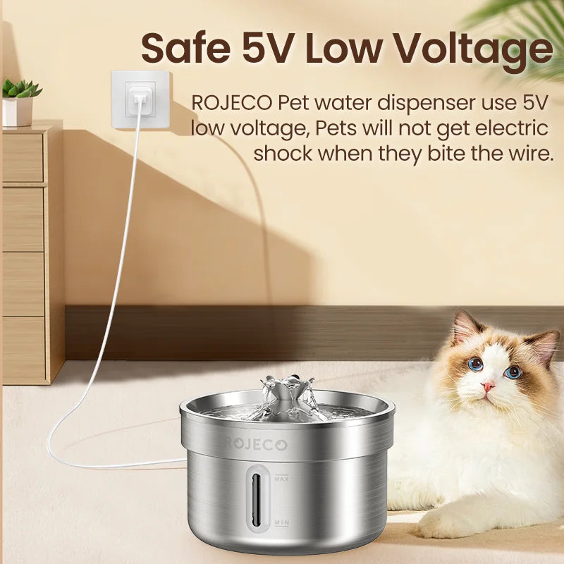 ROJECO Stainless Steel Cat Water Fountain — Quiet & Filtered